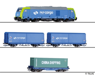 TT PL PKP Güterzug-Set Diesellokomotive 2 Schiebewandwagen, 1 Containertragwagen Ep.VI, etc................................