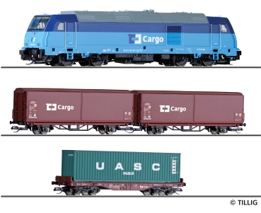TT CZ CD Güterzug-Set Diesellokomotive 2 Schiebewandwagen 1 Containertragwagen Ep.VI, etc..................................
