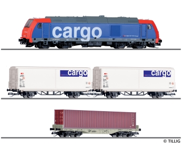 TT CH SBB Güterzug-Set Diesellokomotive 2 Schiebewandwagen, 1 Containertragwagen Ep,VI, etc.................................
