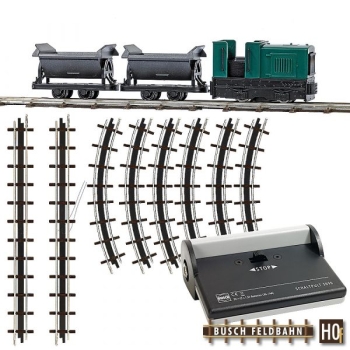 H0f Feldbahn Set, Diesellok Gmeinder 15/ 18 PS, Kipploren 2x, Gleisoval Bogengleise 8x, Gleis gerade 133,2mm, Anschlussgleis 133,2mm, Batteriekasten mit Schalter Vor- Rückwärts- Stopp, etc...................................................................