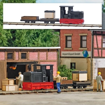 H0  Feldbahn Set, Diesellokomotive Gmeinder 15/ 18 PS, Gütertransport, Niederbordwagen , Gleisoval, Batteriekasten Vor- Rückwärts- Stopp, 375x 250mm, etc............................................................................. - Kopie - Kopie