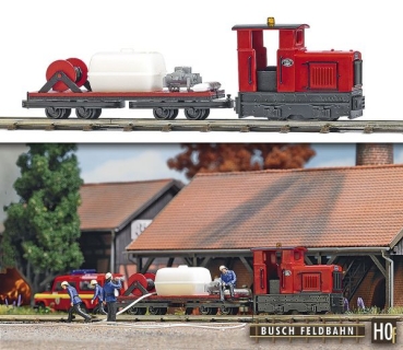 H0f Feldbahn- Löschzug, Diesellokomotive, Gmeinder 15/ 18, 2A, L=35mm, Drehgestell- Anhänger mit tragespritze, Wasserbehälter, Sandsäcke, Schlauchrolle, etc.....