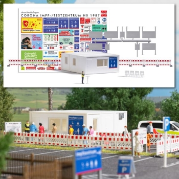 H0 Gebäude BS Corona Impf- oder Testzentrum, Sicherheitsfachkraft, Stehtisch, 84x 69x 30mm, etc.............................................................................