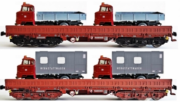 H0 D DR Schwerlastwagen Sas 4860, Set 2teilig, 6A, beladen, mit IFA L60 Betriebsfahrzeuge der DDR, braun- braun- schwarz und braun einfarbig, etc.................