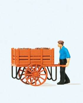 H0 Figur Arbeiter mit Handwagen, Fässerladung