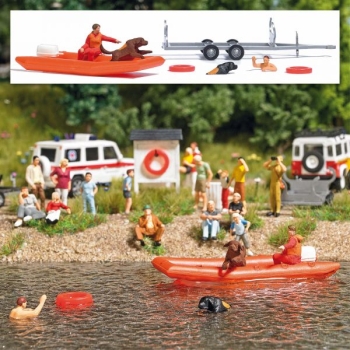 H0 Geländegestaltung Wasserrettung mit Schlauchboot, Hunde, Figur, Rettungsringe, Schlauchboot, etc.......