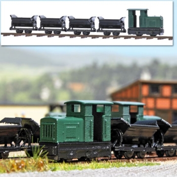 H0F N Feldbahn- Set, Diesellok 15/ 18 Gmeinder L=19mm, Kipploren L=15mm 4x, Gleise gerade 18, gebogen 16, Ausgleichbögen 6, Weichen links und rechts je 3, Standmodelle ohne Antrieb, Gleise nicht steckbar, etc...............................................