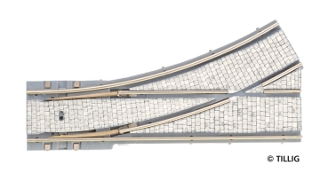 H0m TT Tramgleis Gleis Parallelweiche, R204/ 30°,  links,  Pflastersteine