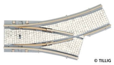 H0m TT Tramgleis Gleis, Y- Weiche R 204/ R 250, links, Pflastersteine