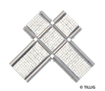 H0m TT Tramgleis Gleis Kreuzung, asymmetrisch, Pflastersteine