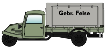 H0 D Dreirad Goliath GD 750 Tiefpritsche, Planwagen, Gebr. Feise Teppiche, " Dreikantfeile -", Bremen, etc....................