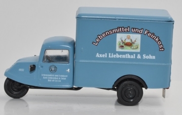 H0 D Dreirad Goliath GD 750 Verkaufswagen Lebensmittel und Feinkost A. Liebenthal, & Sohn, " - Dreikantfeile - ", Helmstedt, etc........................
