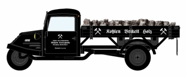 H0 D Dreirad Goliath GD 750 Hochpritsche Kohle Brikett, Holz, Kohlen und Holzhandlung Wilhelm Karuschunke, " - Dreikantfeile - ", Berlin, etc..........................