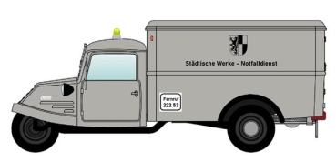 H0 D Dreirad Goliath GD 750 Kastenwagen Städtische Werke- Notfalldienst", - Dreikantfeile - ", etc......................