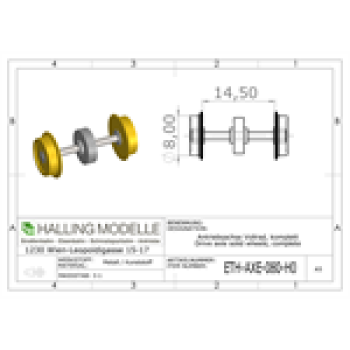 H0 Halling Ersatzteile Antriebsachsen H0, 8mm, Vollrad, Antrieb oder Achsabstand  des ADG ( 16, 19,7, 21, 23 24, 25,3mm ), Angabe damit die Zahnräder richtig aufgezogen werden können, Standard ZR ist 18, 22R, mit Schulter, etc.............................