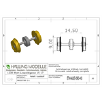 H0 Halling Ersatzteile Antriebsachsen H0, 9mm, Vollrad, Antrieb oder Achsabstand  des ADG ( 16, 19,7, 21, 23 24, 25,3mm ), Angabe damit die Zahnräder richtig aufgezogen werden können, Standard ZR ist 18, 22R, mit Schulter, etc..........................