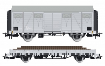 H0 I FS Güterwagen ged., Set., 1x beladen, 2x, 2A, Ep.IV, hellgrau, Holzschwellen,