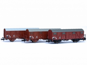 N D DR Güterwagen Set 3x, Gos , ged. Nr.140 4329 7, 140 4342 0, 140 4356 0, mit Bremserbühne, 2A, L= 81mm, Ep.IV, braun, etc.........................................