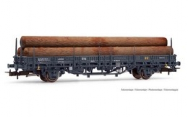 H0 E RENFE Flachwagen Kbs bel., 2A, Ep.III, grau, Holzstämme, etc...............................
