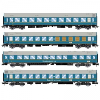 H0 D DR Personenwagen Set, 4x, Schlaf- Schlaf-Gepäckabteilwagen, Speise- Versorgungswagen, 4A, Ep.III, hellblau, L= 1133mm,  " Tourex "
