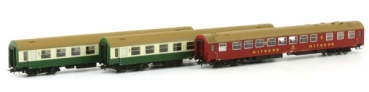 H0 D DR Personenwagen Set, Kl.2 B , Speisewagen WRm, 3teilig, 4A, Ep.IV, L= 851mm,  grün beige, rot
