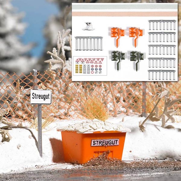 H0 Geländegestaltung BS Ausgestaltungs-Set, " Winter an der Straße ", Schneefangzäune, L= 40cm, Streugutbehälter, Hinweisschilder, etc......