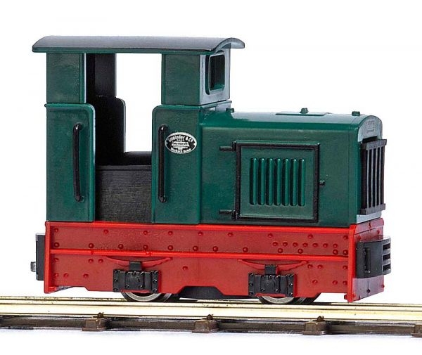 H0 Feldbahn- Diesellokomotive Gmeinder 15/ 18, 2A, ca.35mm, grün, rotes Fahrwerk,