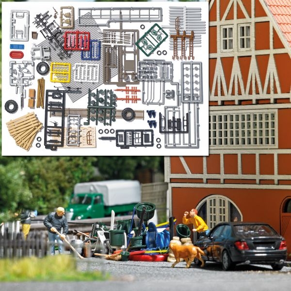 H0 Geländegestaltung Gerümpel- Set, Sperrmüll, Schrottplatz, Geländer, Fahrräder, Holzdielen, Bretter, reifen, Werkzeug, Autofelgen, etc...