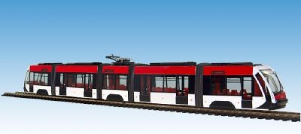 H0 D Elektrotriebwagen Solaris Tramino rot weiß, " 2 Hauptbahnhof ", Metallräder, Achsen, 3Drehgestelle, 4Gelenke, ohne Motor, etc..................