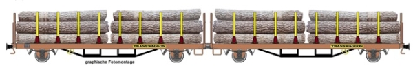 TT D DB Güterwagen Fährbootwagen Laas- Einheit Doppeleinheit TRANSWAGGON, einfarbig, mit EyTe Rungen, beladen mit Stammholz, gelb, 2A, Ep.V- VI, etc......................