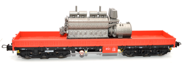 H0 D DB Schwerlastwagen Samms- u 455, 6A, beladen mit Dieselmotor EMD 567B, rot- schwarz- schwarz, etc......................