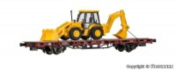 H0 Bahnfgahrzeug Fertigmodell, D Niederbordwagen mit Baggerlader, JCB 4CX 4x 4x 4, L=15,8x 3,5x 5cm, etc.................................................................