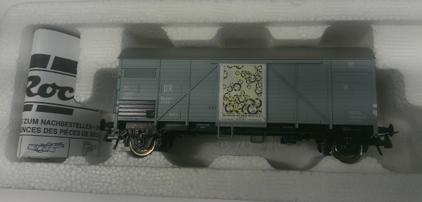 H0 Roco D DR Güterwagen ged., Tonnendach, grau, G10, Motorradwelt BMW, 2A, Ep.III, etc..........................................