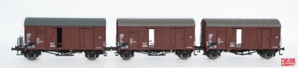 H0 D DR Güterwagen ged. Set 3x, 2A,  Ep.III,  Bremserbühne, Rollenlager, Frontfenster, Ofen,