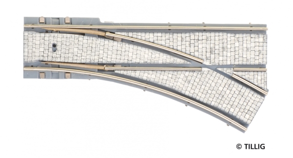 H0m TT Tramgleis Gleis Parallelweiche,  R204/ 30°,  rechts,  Pflastersteine