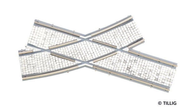 H0m TT Tramgleis Gleis Bogenkreuzung, rechts, Pflastersteine
