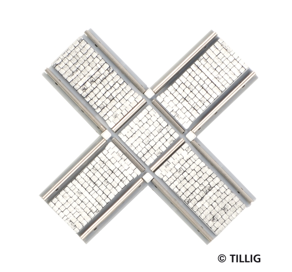 H0m TT Tramgleis Gleis Kreuzung, symmetrisch, Pflastersteine