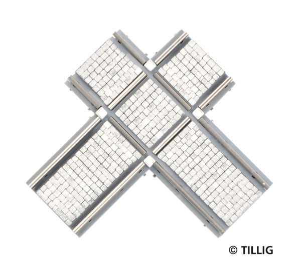 H0m TT Tramgleis Gleis Kreuzung, asymmetrisch, Pflastersteine