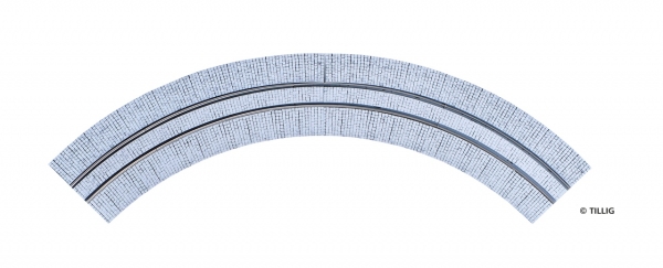 H0m TT Tramgleis Gleis gebogen R 204/ 90°, 1Sp., Pflastersteine