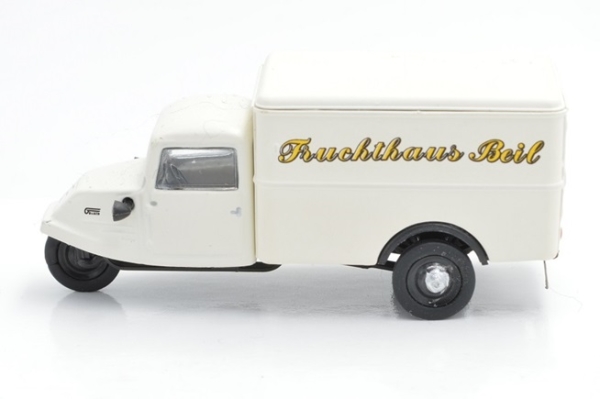 H0 D Dreirad Goliath GD 750 Kastenwagen, Fruchthaus Beil, " - Dreikantfeile - ", Bremen, etc..............................