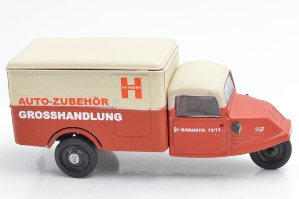 H0 D Dreirad Goliath GD 750 Kastenwagen, Auto Zubehör Grosshandlung Hofmann, " -   Dreikantfeile - ", Bremen, etc..........................