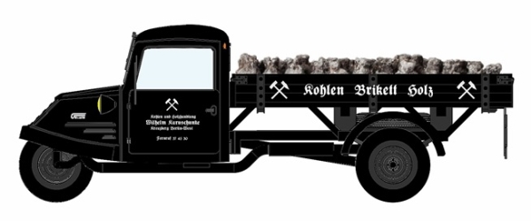 H0 D Dreirad Goliath GD 750 Hochpritsche Kohle Brikett, Holz, Kohlen und Holzhandlung Wilhelm Karuschunke, " - Dreikantfeile - ", Berlin, etc..........................