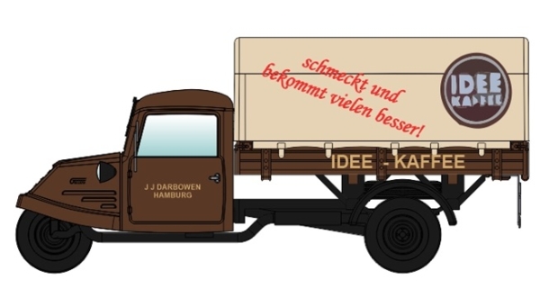 H0 D Dreirad Goliath GD 750 Hochpritsche Plane, IDEE- KAFFEE J.J.Darbowen, " - Dreikantfeile - ", Hamburg, etc......................