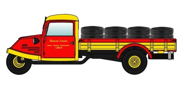 H0 D Dreirad Goliath GD 750 Tiefpritsche Hansen Service Tanken- Autoteile- Reifenhandel beladen mit Stückgut, " - Dreikantfeile - ", Lübeck, etc...............