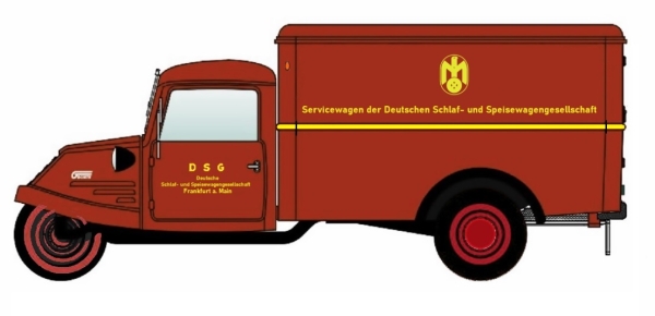 H0 D Dreirad Goliath GD 750 Kastenwagen, " Deutsche Schlaf- und Speisewagen Gesellschaft, "   Dreikantfeile - ", Frankfurt am Main, etc................