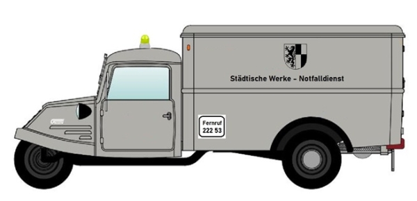 H0 D Dreirad Goliath GD 750 Kastenwagen Städtische Werke- Notfalldienst", - Dreikantfeile - ", etc......................