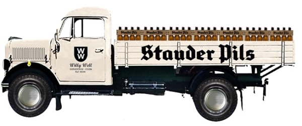 H0 D LKW Borgward LKW 1250 Hochpritsche, Stauder Pils, Essen, beladen, 2A,  Ep.III, etc.................