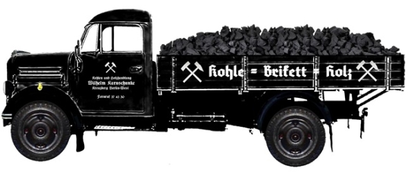 H0 D LKW Borgward LKW 1250 Hochpritsche, Kohle, Brikett, Holz, Karuschunke Berlin, beladen mit Kohle, 2A,  Ep.III, etc...........