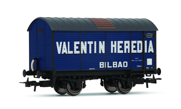 H0 E RENFE Güterwagen R. N., ged.,  2A,  blau, " NORTE Unificados " Weintransport, Valentin Heredia BILBAO