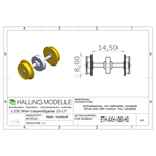 H0 Halling Ersatzteile Antriebsachsen H0, 8mm, Vollrad, Haftreifen ohne Lagerbuchse, Antrieb oder Achsabstand  des ADG ( 16, 19,7, 21, 23 24, 25,3mm ), Angabe damit die Zahnräder richtig aufgezogen werden können, Standard ZR ist 18, 22R, mit Schulter, etc